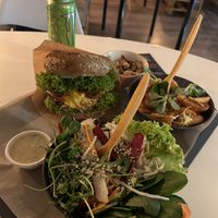 sloppy farma burger, poutine, vega gyros salad (monster not included)  at Farma Burgerownia Roslinna in Krakow