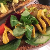 Vegan hot dog at Farma Burgerownia Roslinna in Krakow