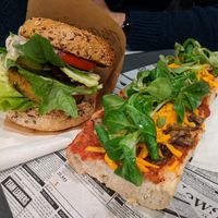 burger and zapiekanka at Farma Burgerownia Roslinna in Krakow