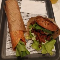 Wrap and burger (both with gyros) at Farma Burgerownia Roslinna in Krakow