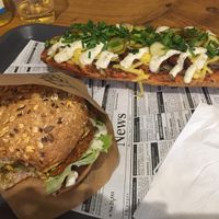 Burger and zapiekanka at Farma Burgerownia Roslinna in Krakow