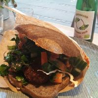 Great falafel on dark bread pictured at Falafel Factory in Copenhagen