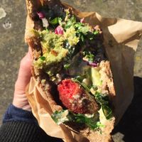 Mix falafel (vegan) pita in dark bread at Falafel Factory in Copenhagen