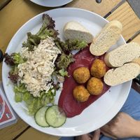 Bunter Teller mit Blattsalat, Gurkenscheiben, Blumenkohl mit Zitronendressing, knusprigen Falafelbällchen auf roter Soße und Baguettescheiben.  at Schneeweiss + Rosenrot in Goslar