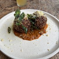 Red pepper arancini balls (very chewy outside)  at Greenhouse Canteen & Bar in Tallebudgera-vallley