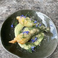 Ohh my - Divine Stuffed Zuchinni flowers - We’ll be back for more !  at Greenhouse Canteen & Bar in Tallebudgera-vallley
