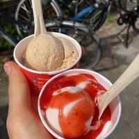 Top: cinnamon sorbet; bottom: rhubarb sorbet with strawberry sauce. Both creamy, flavorful and amazing  at Roberto Gelato in Utrecht