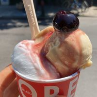 White: elderflower sorbet. Very creamy, distinct elderflower taste. Other: peach & jasmine tea. Refreshing and tasty!  at Roberto Gelato in Utrecht