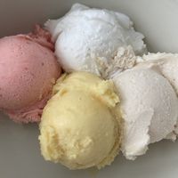 Strawberry (nice), coconut (creamy but a bit bitter), passionfruit (nice) and rose-rhubarb (rosy, but I prefer regular rhubarb) at Roberto Gelato in Utrecht