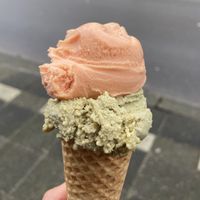 Blood orange (sweet and a bit tangy) and pistache sorbet (quite creamy)  at Roberto Gelato in Utrecht