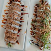 Savage roll on the left and Thai peanut roll on the right. I preferred the savage personally. at Dharma Sushi & Thai in Boise