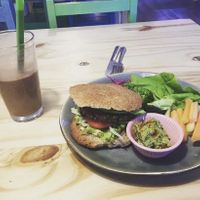 Veggie burger and chocolate shake. at Cafe Vida in La Paz