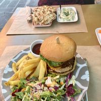 Tzatziki and burger  at ONO in Rhodes