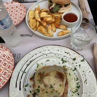Vegan moussaka and vegan burger and chips both really good!  at ONO in Rhodes