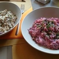 farro risottos: one with beets and soy cream and one with mixed vegetables and coconut milk  at ONO by Marouli in Rhodes