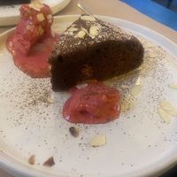 Chocolate banana cake with forest fruit sorbet  at ONO in Rhodes