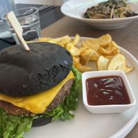 California burger with mango mayo, mushroom tagliatelle (made vegan) delicious 🤤   at ONO in Rhodes