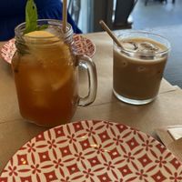 Homemade ice tea and soya latte  at ONO in Rhodes
