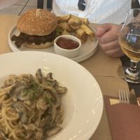 Mushroom linguine and burger with chips  at ONO in Rhodes