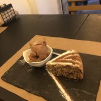 Nutella gelato and an almond  chocolate cake.  at ONO in Rhodes