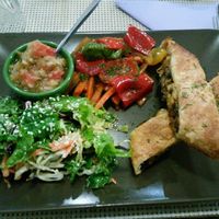 Savoury strudel, salad, roast veg and aubergine dip. at ONO in Rhodes