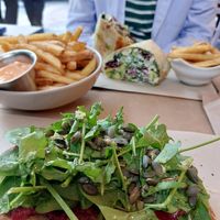 Open toast and a lovely wrap with really good fries 😋 at ONO by Marouli in Rhodes