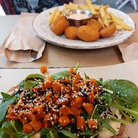 Vegan nuggets and open toast with sweet potato and hummus. at ONO by Marouli in Rhodes