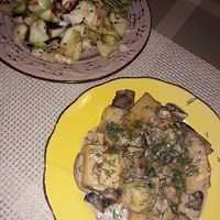 Raw zucchini linguine starter  with mushroom and patatoes with vegan cream. Delicious, super good.  at ONO in Rhodes