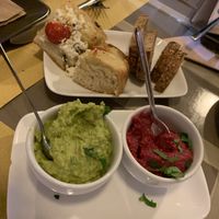 Bread with pea and beetroot dips at ONO in Rhodes