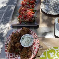 Zucchini croquettes and tomato & basil bruschetta at ONO in Rhodes