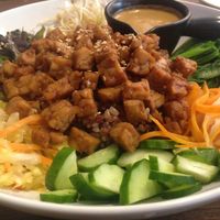 The bibimbap was divine!! The plate consisted of kimchi, seaweed, tempeh, rice and raw fresh veggies with a serving of their "spicy" (not really, but still super tasty) sunflower seed sauce! at Plants in Taipei