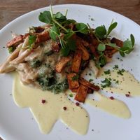 Penne carbonara with mushroom bacon, and red lentil pasta at Plants in Taipei