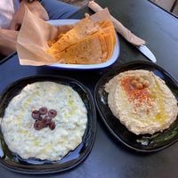 Hummus and Tsatsiki with gluten free pita bread at Veganaki in Athens