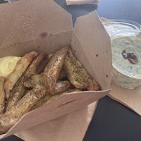fries + tzatziki at Veganaki in Athens