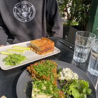 Vegan pastitsio and “omelette”  at Veganaki in Athens