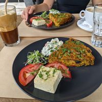 Vegan Omelette, Frappé, Cappuccino at Veganaki in Athens