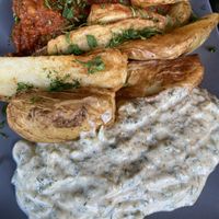 “Meat”balls and air fried potatoes   at Veganaki in Athens