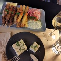 Souvlaki plate and feta at Veganaki in Athens