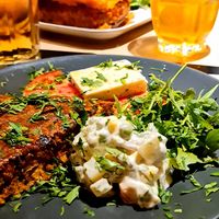 Moussaka and mushroom omelette at Veganaki in Athens