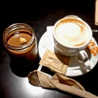 Hazelnut praline & hazelnut milk cappuccino ❤ at Veganaki in Athens