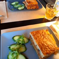 Moussaka in the front, Pastitsio in the background at Veganaki in Athens