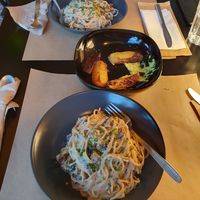 Spaghetti Carbonara. The air-fried potatoes were a bit too thick. at Veganaki in Athens