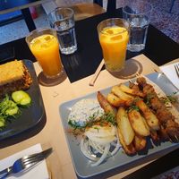 Pastitsio on the left and the souvlaki plate on the right at Veganaki in Athens