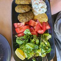 Vegan bean patty platter at Veganaki in Athens