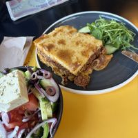 Greek side salad with cashew feta, and Pastitsio   at Veganaki in Athens