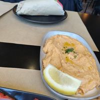 Fava dip and pita with tempeh souflaki at Veganaki in Athens