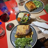 Pastitsio, Greek salad, and moussaka  at Veganaki in Athens
