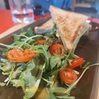 "Gouda cheese" and tomato toast at Veganaki in Athens