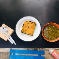 Mushroom soup& this Greek thing with greens (gluten free) at Veganaki in Athens