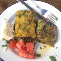 Spinach pie and eggplant pie with cashew cheese at Veganaki in Athens